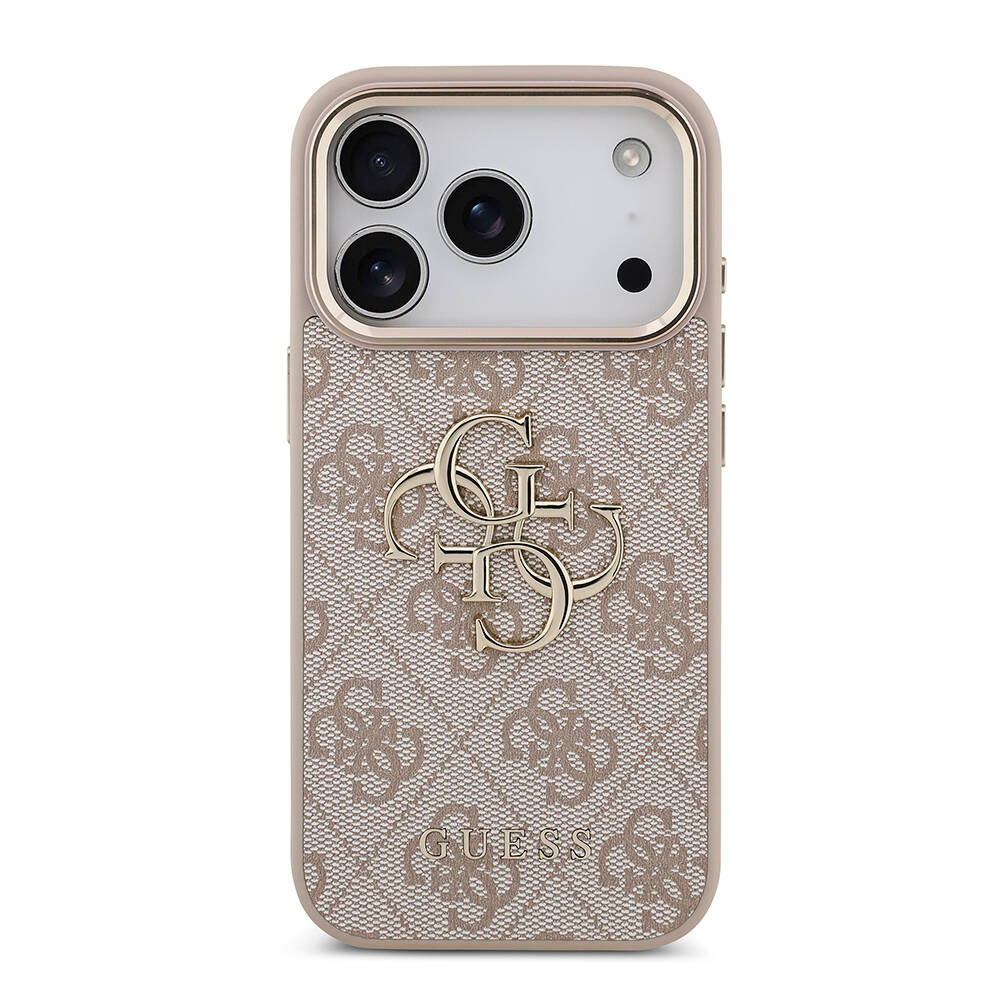 Apple iPhone 17 Pro Kılıf Guess Orjinal Lisanslı Gold Metal Kamera Çerçeveli 4G Desenli Metal Büyük 4G ve Yazı Logolu Kapak - 12