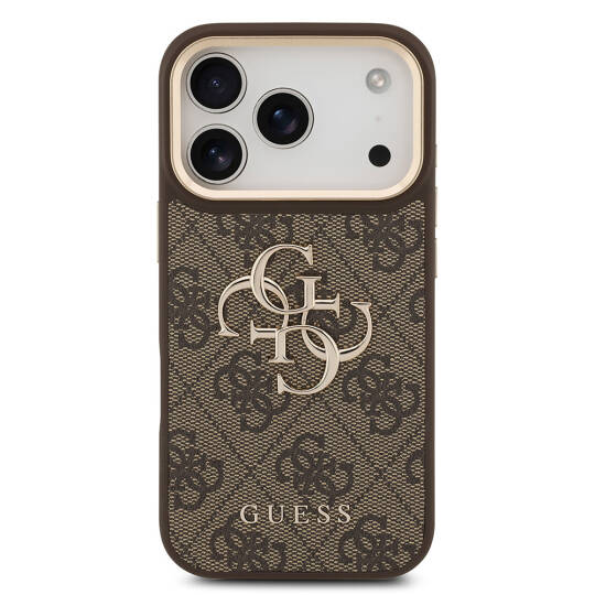 Apple iPhone 17 Pro Kılıf Guess Orjinal Lisanslı Gold Metal Kamera Çerçeveli 4G Desenli Metal Büyük 4G ve Yazı Logolu Kapak - 18