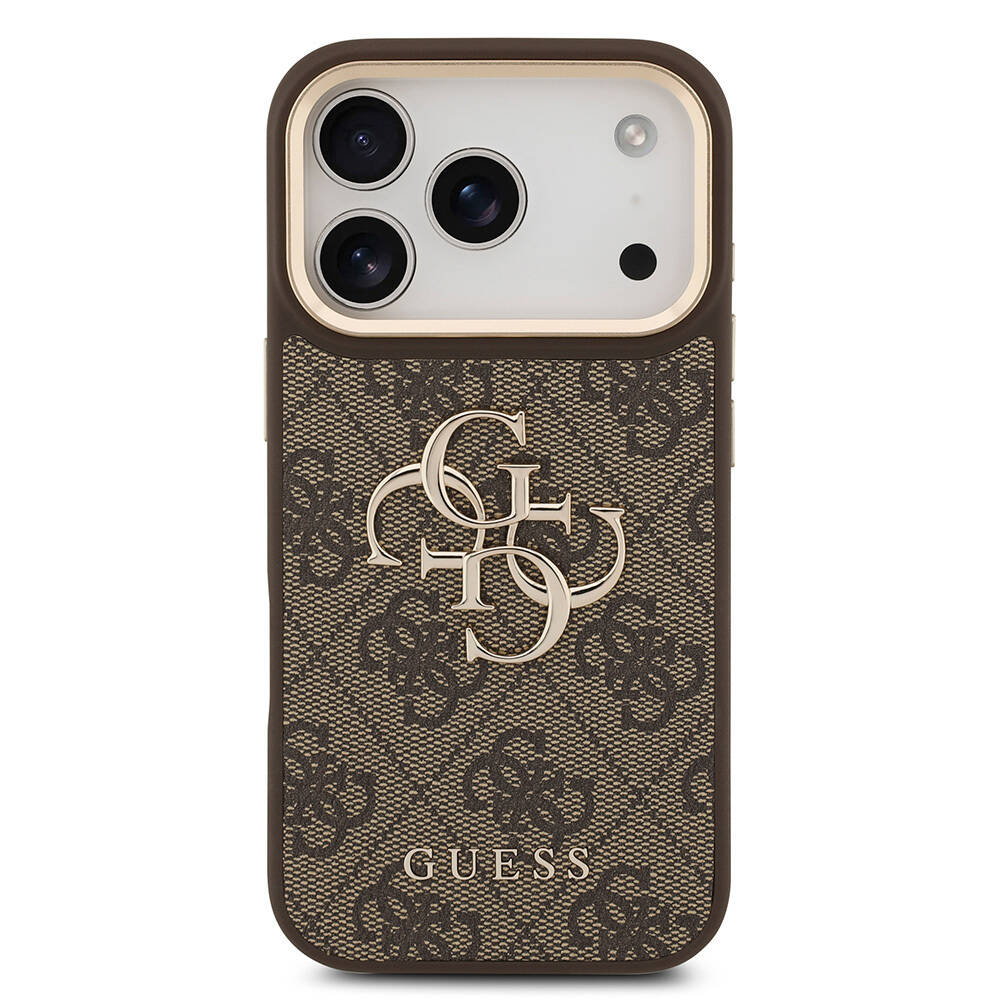 Apple iPhone 17 Pro Kılıf Guess Orjinal Lisanslı Gold Metal Kamera Çerçeveli 4G Desenli Metal Büyük 4G ve Yazı Logolu Kapak - 18