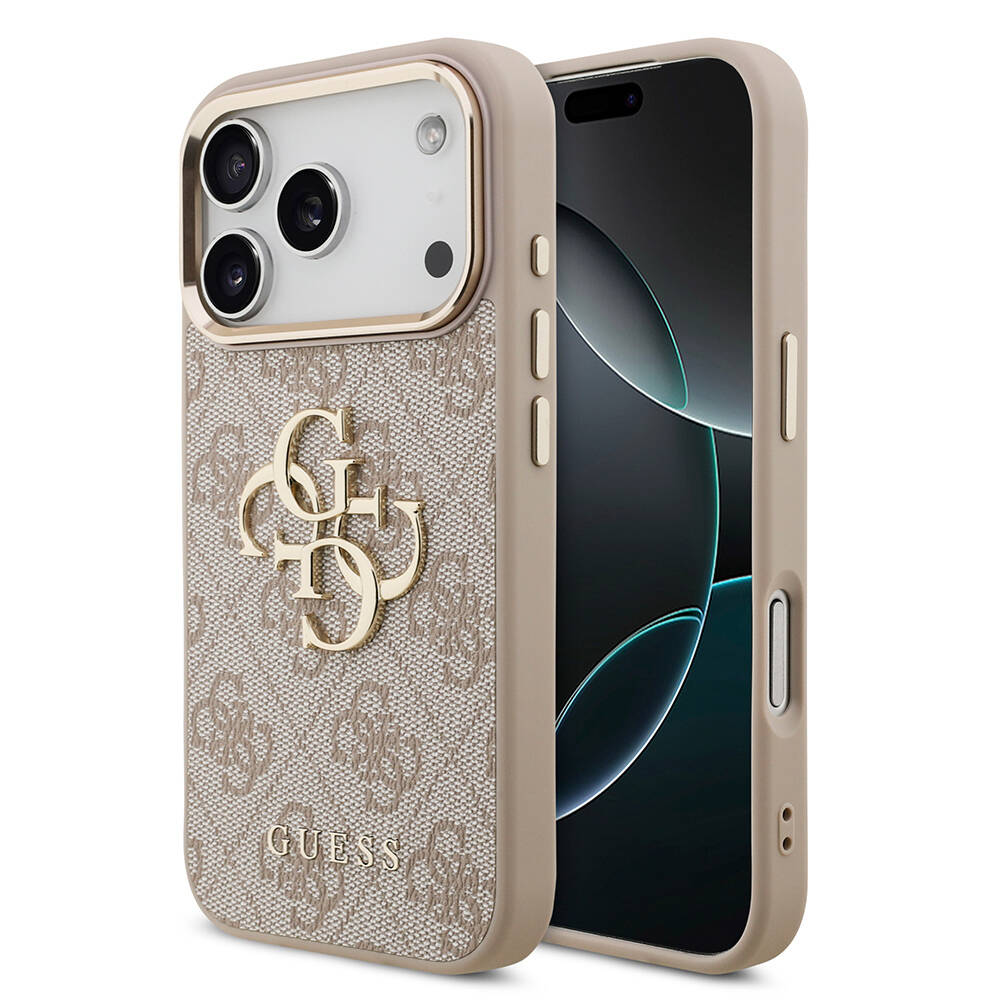 Apple iPhone 17 Pro Kılıf Guess Orjinal Lisanslı Gold Metal Kamera Çerçeveli 4G Desenli Metal Büyük 4G ve Yazı Logolu Kapak - 3