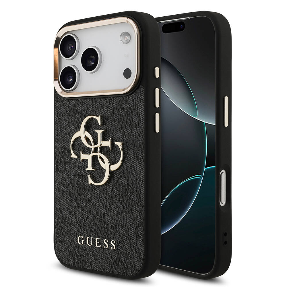 Apple iPhone 17 Pro Kılıf Guess Orjinal Lisanslı Gold Metal Kamera Çerçeveli 4G Desenli Metal Büyük 4G ve Yazı Logolu Kapak - 2