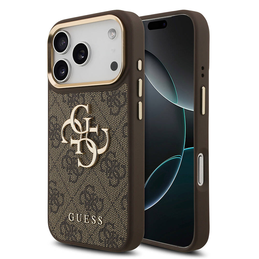Apple iPhone 17 Pro Kılıf Guess Orjinal Lisanslı Gold Metal Kamera Çerçeveli 4G Desenli Metal Büyük 4G ve Yazı Logolu Kapak - 1