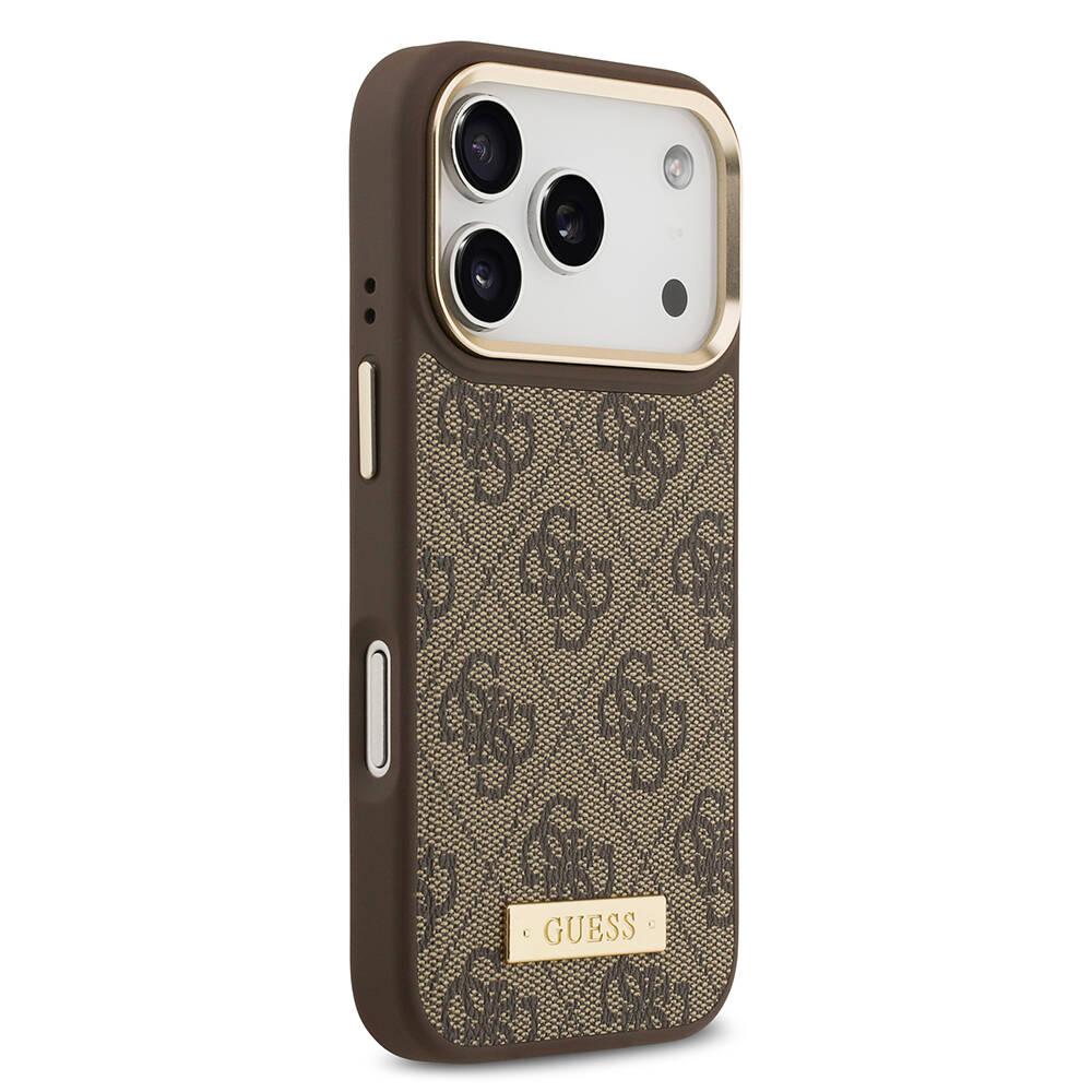 Apple iPhone 17 Pro Kılıf Guess Orjinal Lisanslı M-safe Şarj Özellikli 4G Desenli PU Metal Plaka Klasik Logolu Kapak - 13