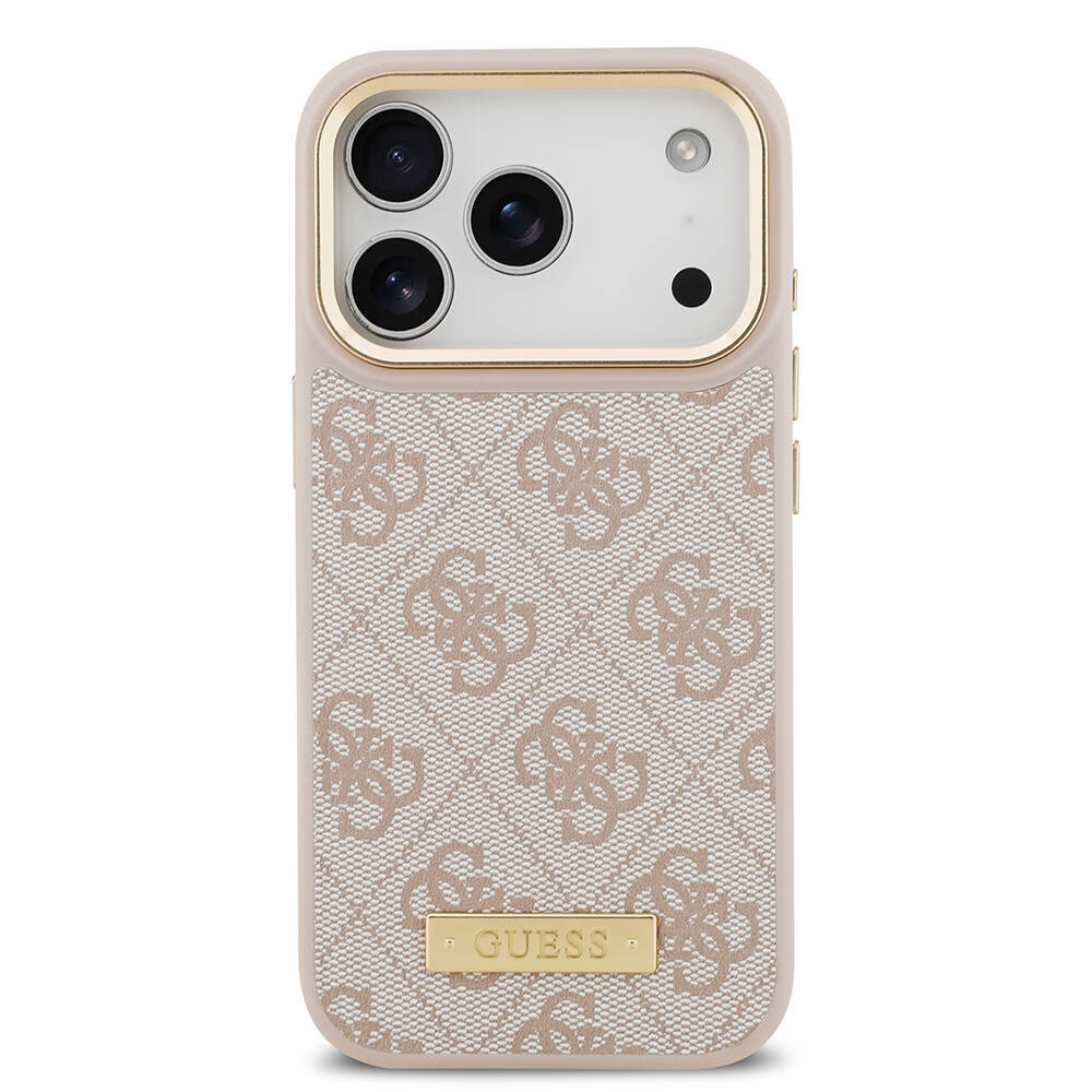 Apple iPhone 17 Pro Kılıf Guess Orjinal Lisanslı M-safe Şarj Özellikli 4G Desenli PU Metal Plaka Klasik Logolu Kapak - 18
