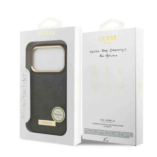 Apple iPhone 17 Pro Kılıf Guess Orjinal Lisanslı M-safe Şarj Özellikli 4G Desenli PU Metal Plaka Klasik Logolu Kapak - 23