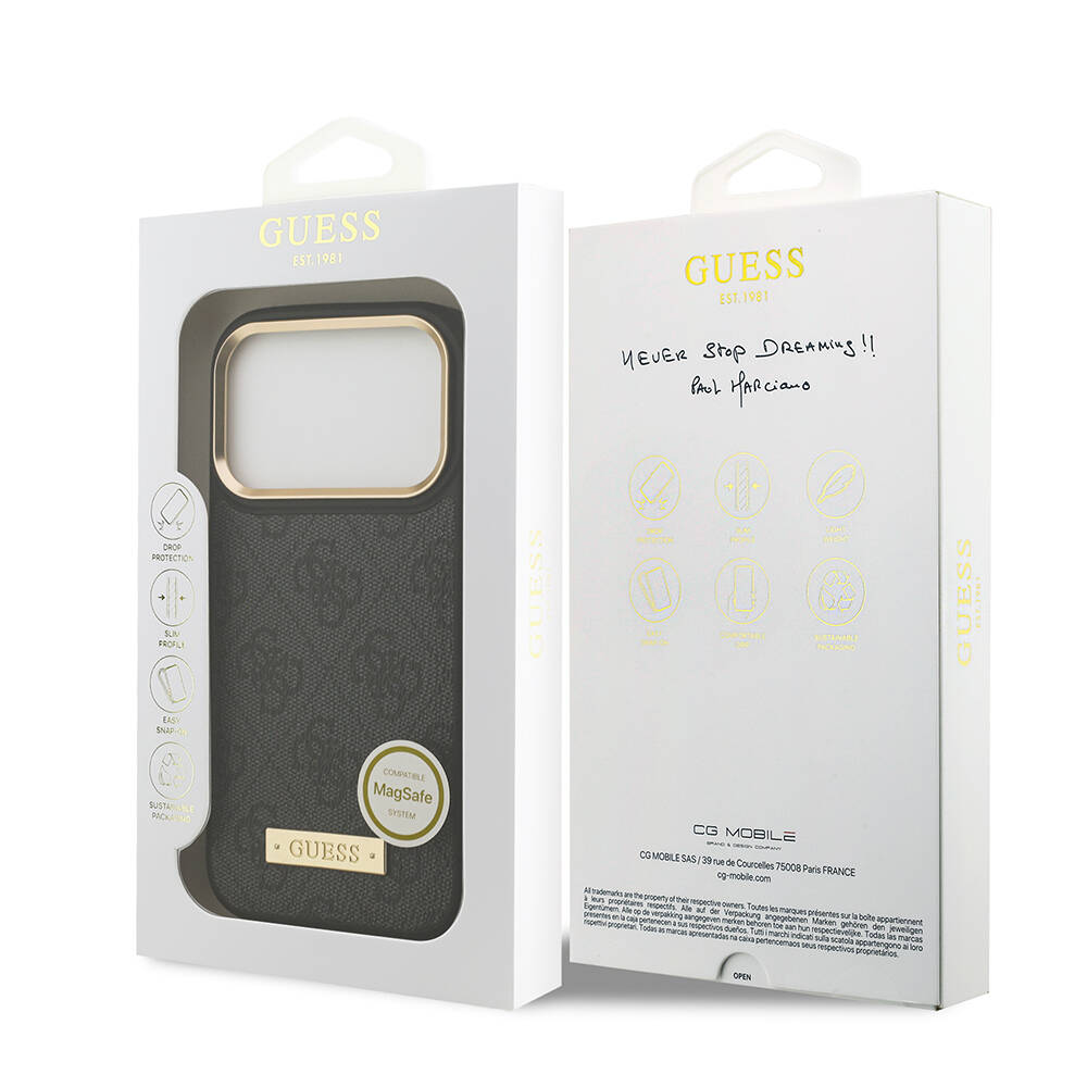 Apple iPhone 17 Pro Kılıf Guess Orjinal Lisanslı M-safe Şarj Özellikli 4G Desenli PU Metal Plaka Klasik Logolu Kapak - 23