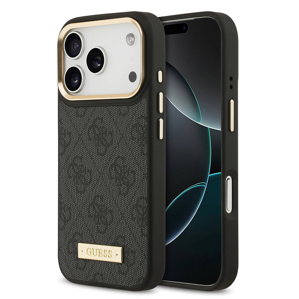 Apple iPhone 17 Pro Kılıf Guess Orjinal Lisanslı M-safe Şarj Özellikli 4G Desenli PU Metal Plaka Klasik Logolu Kapak - 2