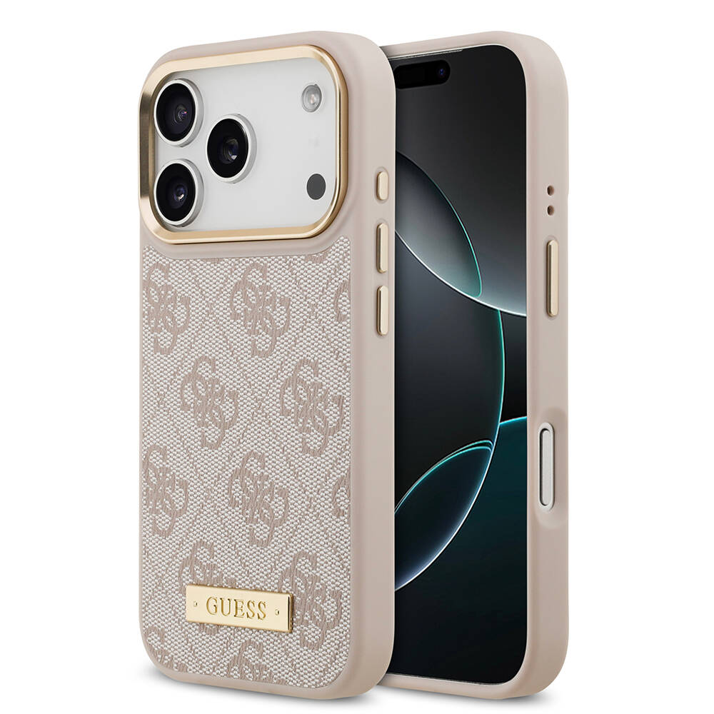 Apple iPhone 17 Pro Kılıf Guess Orjinal Lisanslı M-safe Şarj Özellikli 4G Desenli PU Metal Plaka Klasik Logolu Kapak - 1
