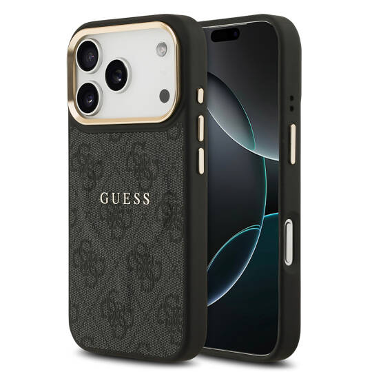 Apple iPhone 17 Pro Kılıf Guess Orjinal Lisanslı M-safe Şarj Özellikli Gold Metal Kamera Çerçeveli PU Deri 4G Desenli Yazı Logolu Kapak - 5
