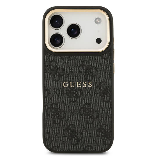 Apple iPhone 17 Pro Kılıf Guess Orjinal Lisanslı M-safe Şarj Özellikli Gold Metal Kamera Çerçeveli PU Deri 4G Desenli Yazı Logolu Kapak - 6
