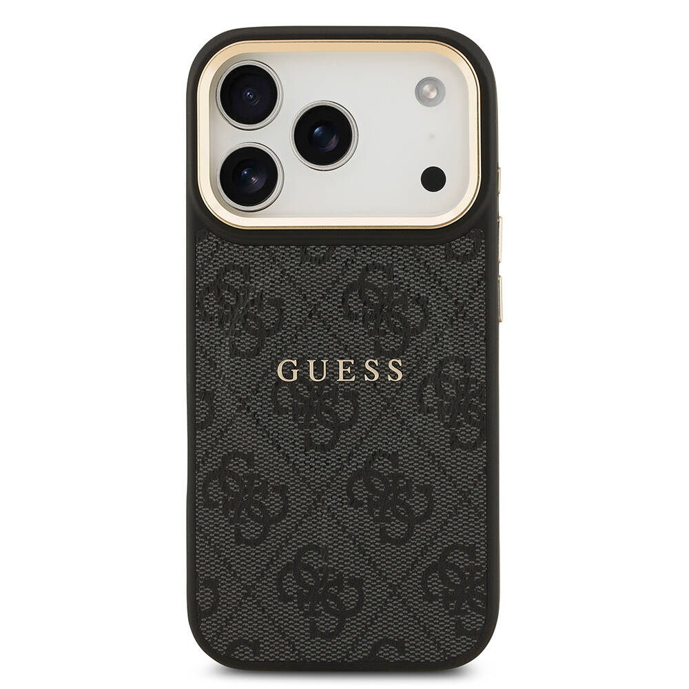 Apple iPhone 17 Pro Kılıf Guess Orjinal Lisanslı M-safe Şarj Özellikli Gold Metal Kamera Çerçeveli PU Deri 4G Desenli Yazı Logolu Kapak - 6