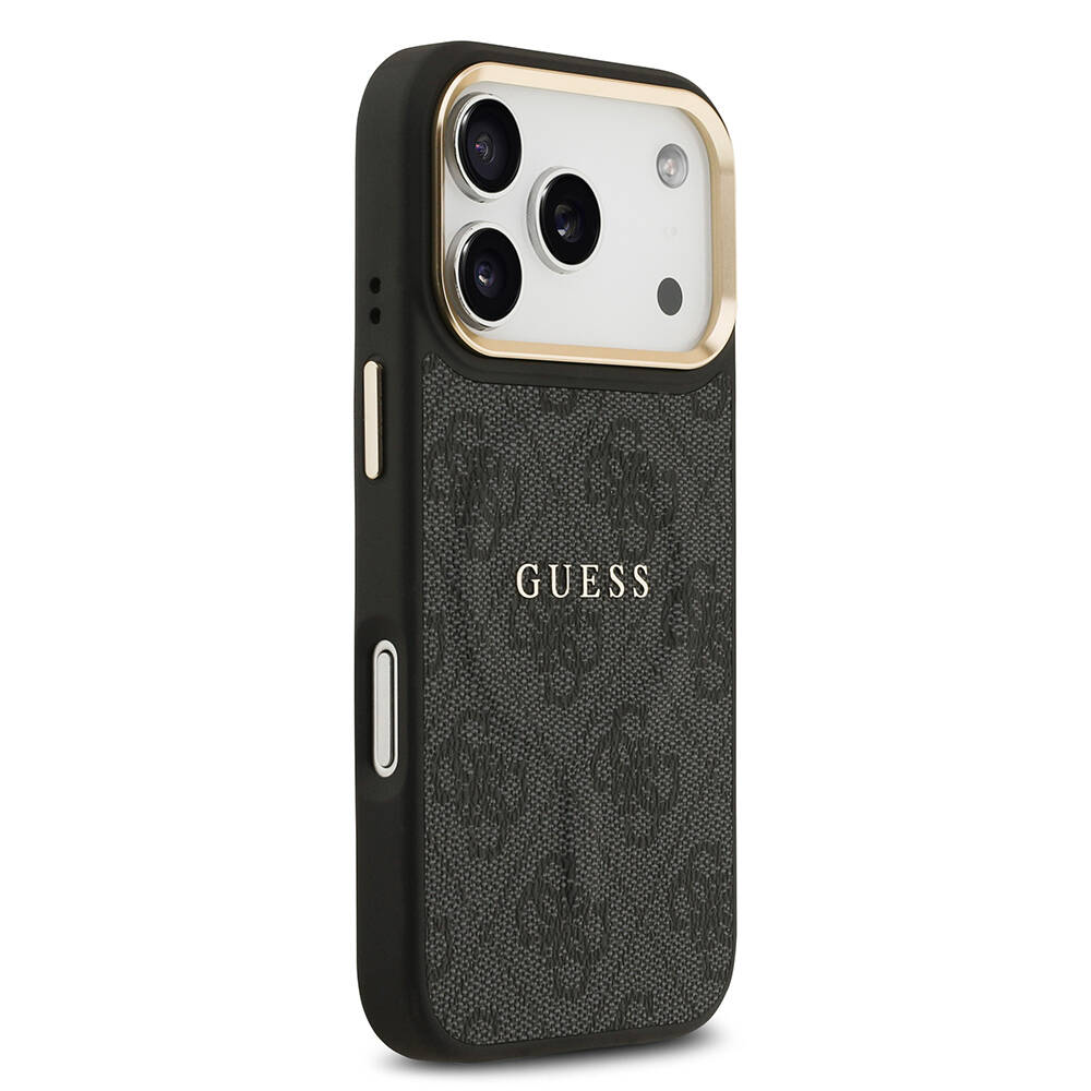 Apple iPhone 17 Pro Kılıf Guess Orjinal Lisanslı M-safe Şarj Özellikli Gold Metal Kamera Çerçeveli PU Deri 4G Desenli Yazı Logolu Kapak - 7