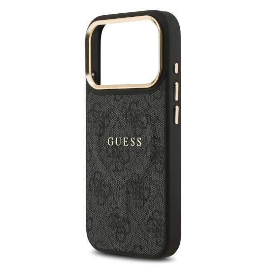 Apple iPhone 17 Pro Kılıf Guess Orjinal Lisanslı M-safe Şarj Özellikli Gold Metal Kamera Çerçeveli PU Deri 4G Desenli Yazı Logolu Kapak - 9