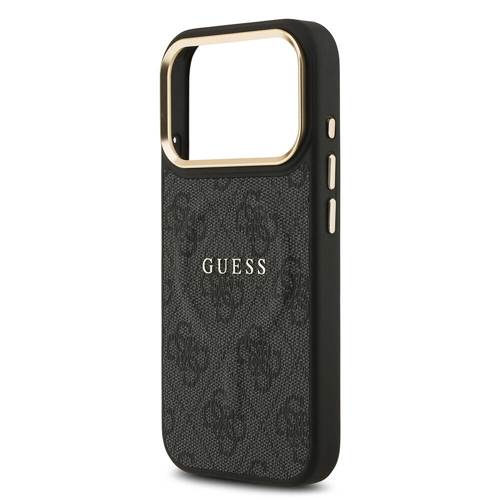 Apple iPhone 17 Pro Kılıf Guess Orjinal Lisanslı M-safe Şarj Özellikli Gold Metal Kamera Çerçeveli PU Deri 4G Desenli Yazı Logolu Kapak - 9