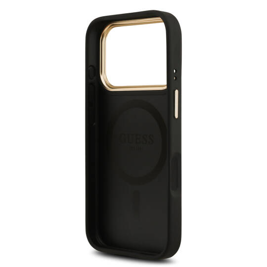 Apple iPhone 17 Pro Kılıf Guess Orjinal Lisanslı M-safe Şarj Özellikli Gold Metal Kamera Çerçeveli PU Deri 4G Desenli Yazı Logolu Kapak - 10