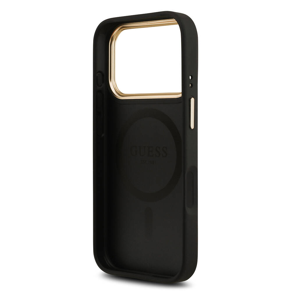 Apple iPhone 17 Pro Kılıf Guess Orjinal Lisanslı M-safe Şarj Özellikli Gold Metal Kamera Çerçeveli PU Deri 4G Desenli Yazı Logolu Kapak - 10