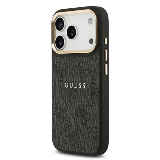 Apple iPhone 17 Pro Kılıf Guess Orjinal Lisanslı M-safe Şarj Özellikli Gold Metal Kamera Çerçeveli PU Deri 4G Desenli Yazı Logolu Kapak - 11