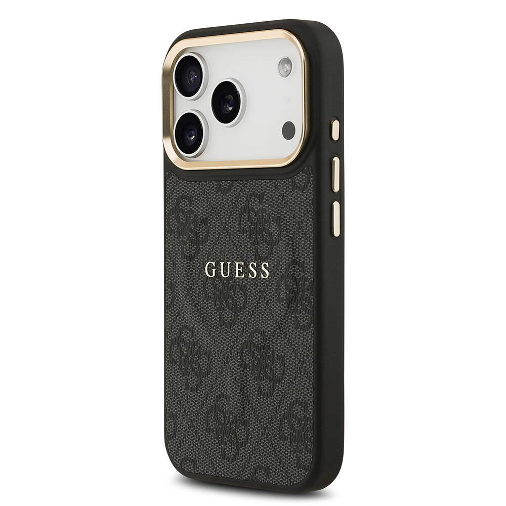 Apple iPhone 17 Pro Kılıf Guess Orjinal Lisanslı M-safe Şarj Özellikli Gold Metal Kamera Çerçeveli PU Deri 4G Desenli Yazı Logolu Kapak - 11