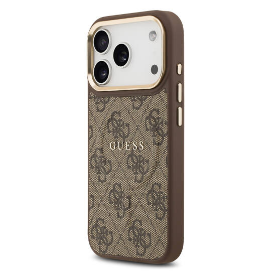 Apple iPhone 17 Pro Kılıf Guess Orjinal Lisanslı M-safe Şarj Özellikli Gold Metal Kamera Çerçeveli PU Deri 4G Desenli Yazı Logolu Kapak - 12