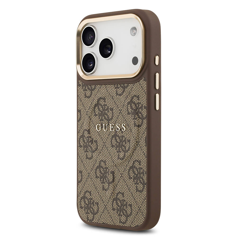 Apple iPhone 17 Pro Kılıf Guess Orjinal Lisanslı M-safe Şarj Özellikli Gold Metal Kamera Çerçeveli PU Deri 4G Desenli Yazı Logolu Kapak - 12