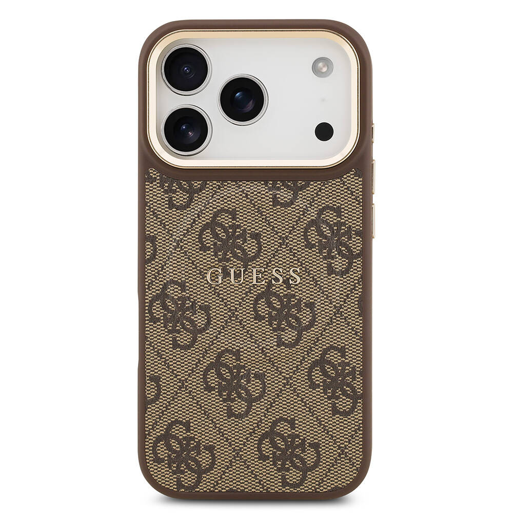 Apple iPhone 17 Pro Kılıf Guess Orjinal Lisanslı M-safe Şarj Özellikli Gold Metal Kamera Çerçeveli PU Deri 4G Desenli Yazı Logolu Kapak - 13