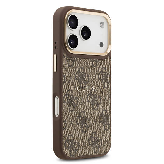 Apple iPhone 17 Pro Kılıf Guess Orjinal Lisanslı M-safe Şarj Özellikli Gold Metal Kamera Çerçeveli PU Deri 4G Desenli Yazı Logolu Kapak - 14