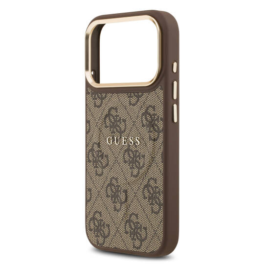 Apple iPhone 17 Pro Kılıf Guess Orjinal Lisanslı M-safe Şarj Özellikli Gold Metal Kamera Çerçeveli PU Deri 4G Desenli Yazı Logolu Kapak - 16