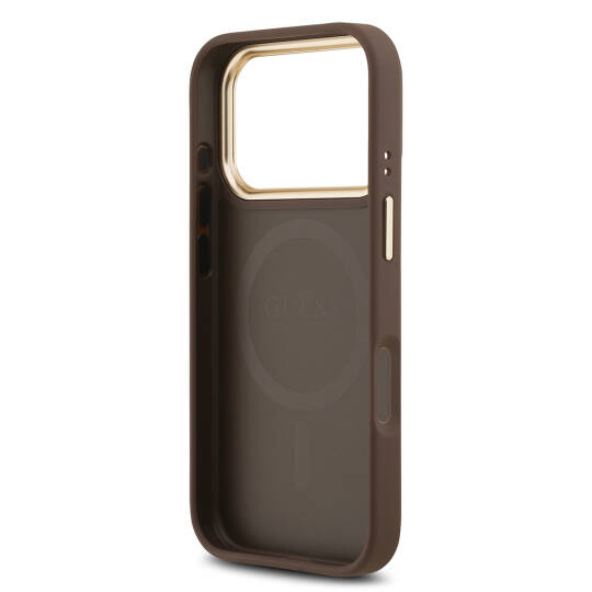 Apple iPhone 17 Pro Kılıf Guess Orjinal Lisanslı M-safe Şarj Özellikli Gold Metal Kamera Çerçeveli PU Deri 4G Desenli Yazı Logolu Kapak - 17