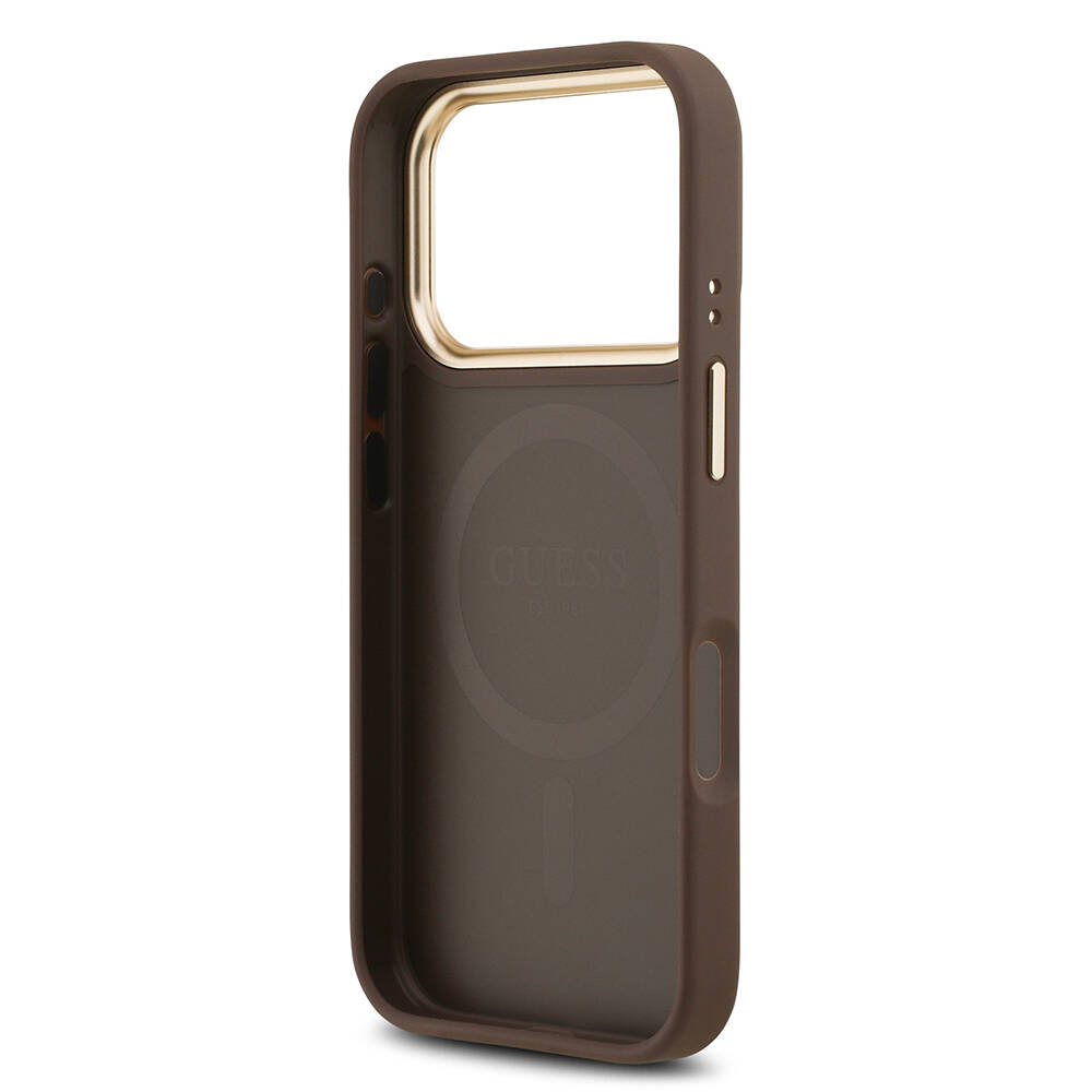Apple iPhone 17 Pro Kılıf Guess Orjinal Lisanslı M-safe Şarj Özellikli Gold Metal Kamera Çerçeveli PU Deri 4G Desenli Yazı Logolu Kapak - 17