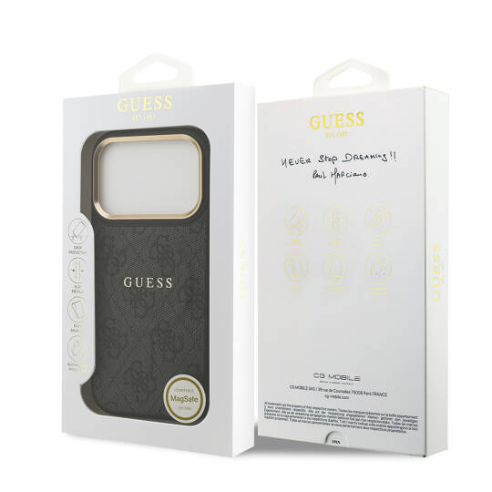 Apple iPhone 17 Pro Kılıf Guess Orjinal Lisanslı M-safe Şarj Özellikli Gold Metal Kamera Çerçeveli PU Deri 4G Desenli Yazı Logolu Kapak - 18