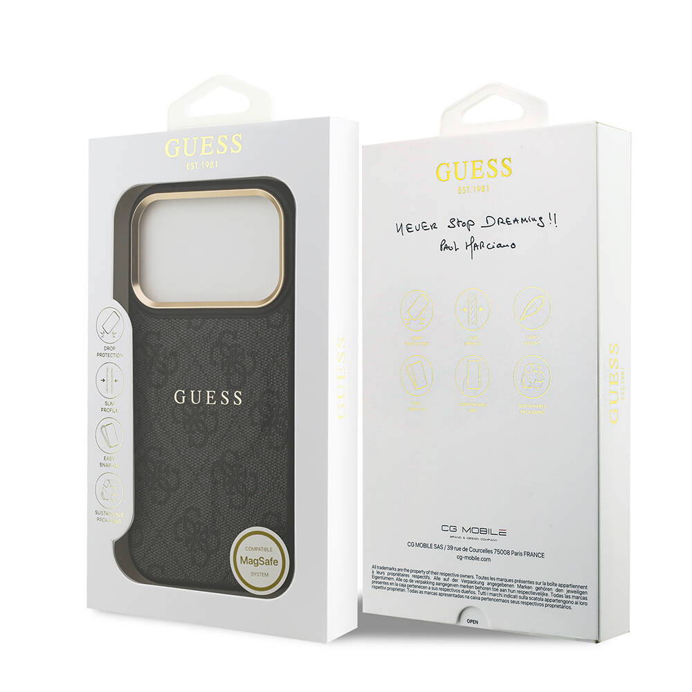 Apple iPhone 17 Pro Kılıf Guess Orjinal Lisanslı M-safe Şarj Özellikli Gold Metal Kamera Çerçeveli PU Deri 4G Desenli Yazı Logolu Kapak - 18