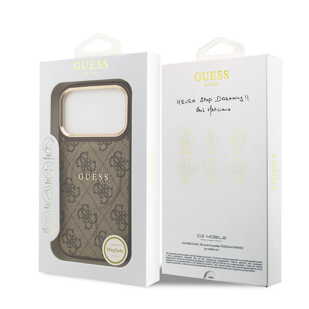 Apple iPhone 17 Pro Kılıf Guess Orjinal Lisanslı M-safe Şarj Özellikli Gold Metal Kamera Çerçeveli PU Deri 4G Desenli Yazı Logolu Kapak - 19