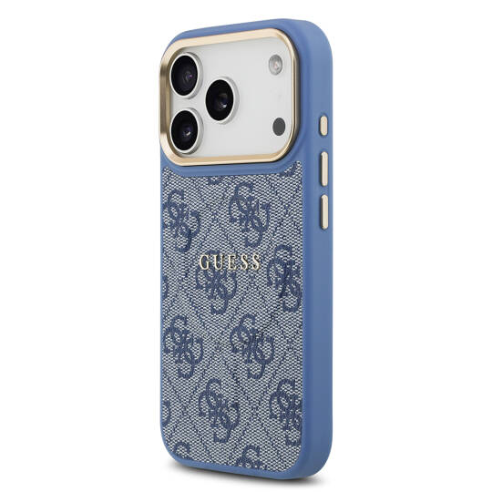 Apple iPhone 17 Pro Kılıf Guess Orjinal Lisanslı M-safe Şarj Özellikli Gold Metal Kamera Çerçeveli PU Deri 4G Desenli Yazı Logolu Kapak - 20