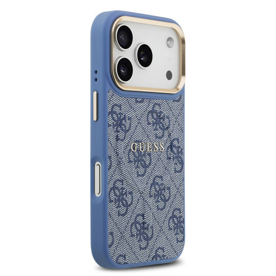 Apple iPhone 17 Pro Kılıf Guess Orjinal Lisanslı M-safe Şarj Özellikli Gold Metal Kamera Çerçeveli PU Deri 4G Desenli Yazı Logolu Kapak - 22