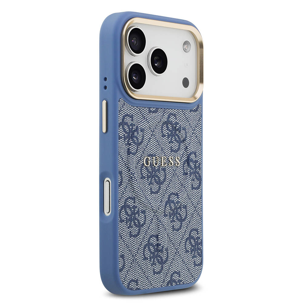 Apple iPhone 17 Pro Kılıf Guess Orjinal Lisanslı M-safe Şarj Özellikli Gold Metal Kamera Çerçeveli PU Deri 4G Desenli Yazı Logolu Kapak - 22