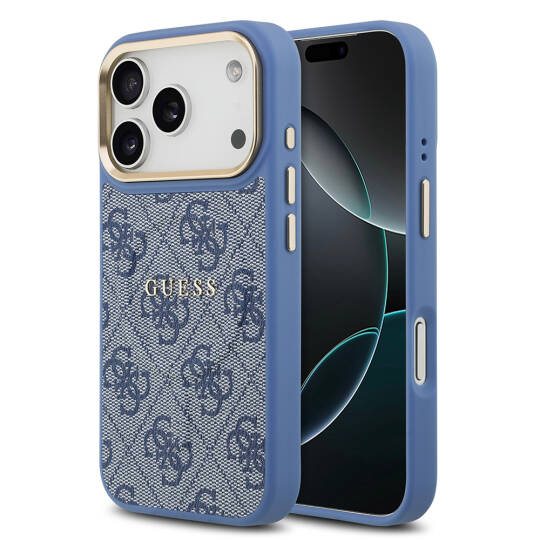 Apple iPhone 17 Pro Kılıf Guess Orjinal Lisanslı M-safe Şarj Özellikli Gold Metal Kamera Çerçeveli PU Deri 4G Desenli Yazı Logolu Kapak - 4