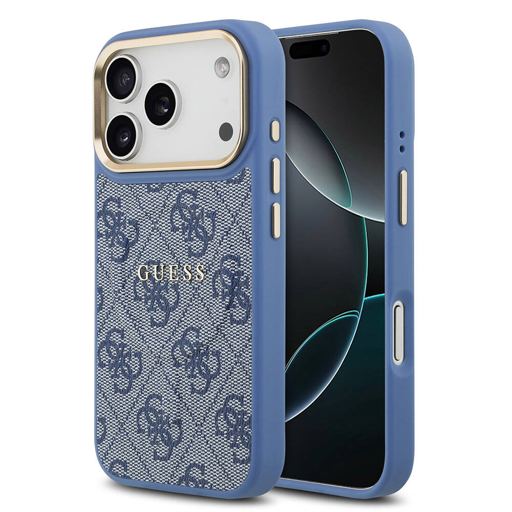 Apple iPhone 17 Pro Kılıf Guess Orjinal Lisanslı M-safe Şarj Özellikli Gold Metal Kamera Çerçeveli PU Deri 4G Desenli Yazı Logolu Kapak - 4