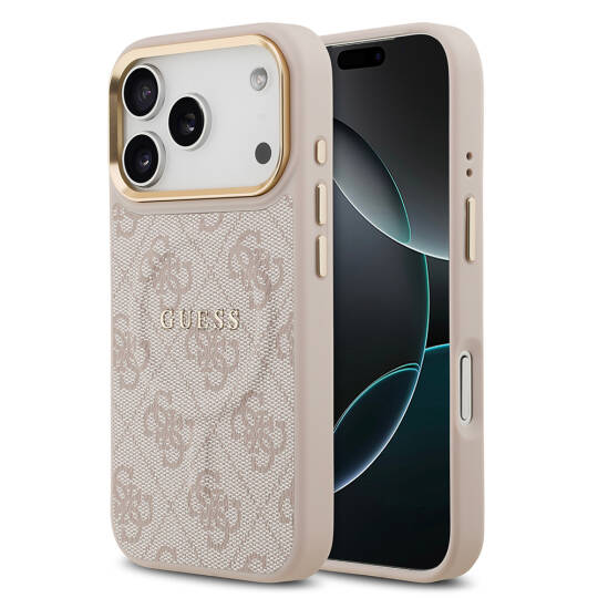 Apple iPhone 17 Pro Kılıf Guess Orjinal Lisanslı M-safe Şarj Özellikli Gold Metal Kamera Çerçeveli PU Deri 4G Desenli Yazı Logolu Kapak - 3