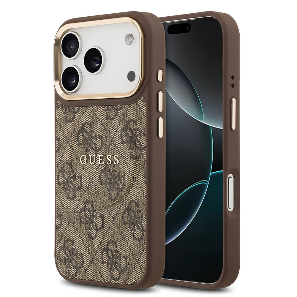 Apple iPhone 17 Pro Kılıf Guess Orjinal Lisanslı M-safe Şarj Özellikli Gold Metal Kamera Çerçeveli PU Deri 4G Desenli Yazı Logolu Kapak - 1