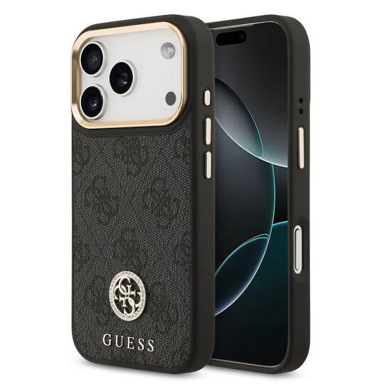 Apple iPhone 17 Pro Kılıf Guess Orjinal Lisanslı M-safe Şarj Özellikli Gold Metal Kamera Çerçeveli Taşlı 4G Logolu Kapak - 4