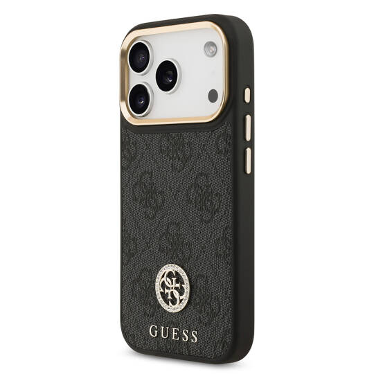 Apple iPhone 17 Pro Kılıf Guess Orjinal Lisanslı M-safe Şarj Özellikli Gold Metal Kamera Çerçeveli Taşlı 4G Logolu Kapak - 5