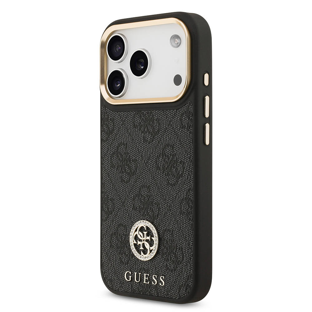 Apple iPhone 17 Pro Kılıf Guess Orjinal Lisanslı M-safe Şarj Özellikli Gold Metal Kamera Çerçeveli Taşlı 4G Logolu Kapak - 5