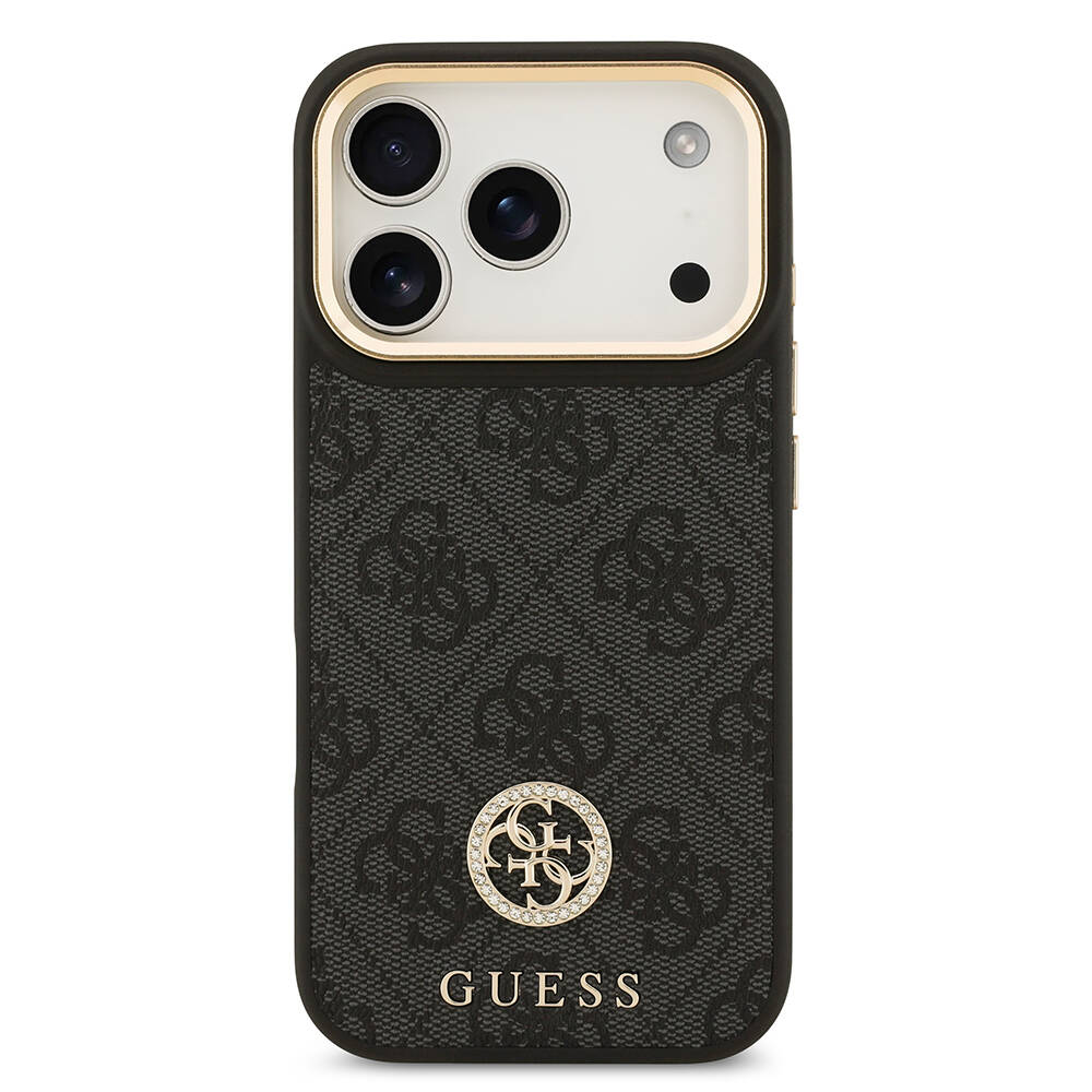 Apple iPhone 17 Pro Kılıf Guess Orjinal Lisanslı M-safe Şarj Özellikli Gold Metal Kamera Çerçeveli Taşlı 4G Logolu Kapak - 6