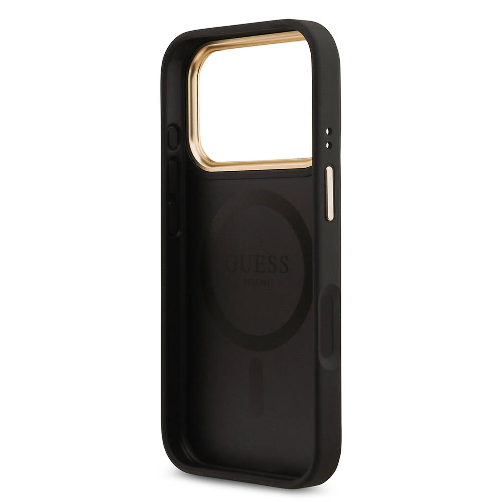 Apple iPhone 17 Pro Kılıf Guess Orjinal Lisanslı M-safe Şarj Özellikli Gold Metal Kamera Çerçeveli Taşlı 4G Logolu Kapak - 10