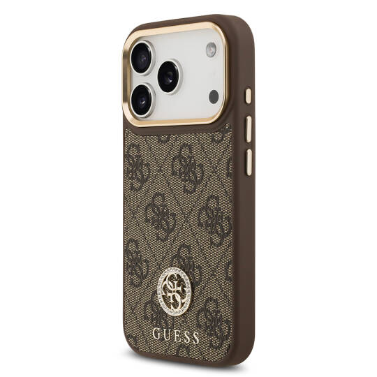 Apple iPhone 17 Pro Kılıf Guess Orjinal Lisanslı M-safe Şarj Özellikli Gold Metal Kamera Çerçeveli Taşlı 4G Logolu Kapak - 11