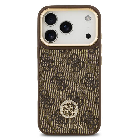 Apple iPhone 17 Pro Kılıf Guess Orjinal Lisanslı M-safe Şarj Özellikli Gold Metal Kamera Çerçeveli Taşlı 4G Logolu Kapak - 12