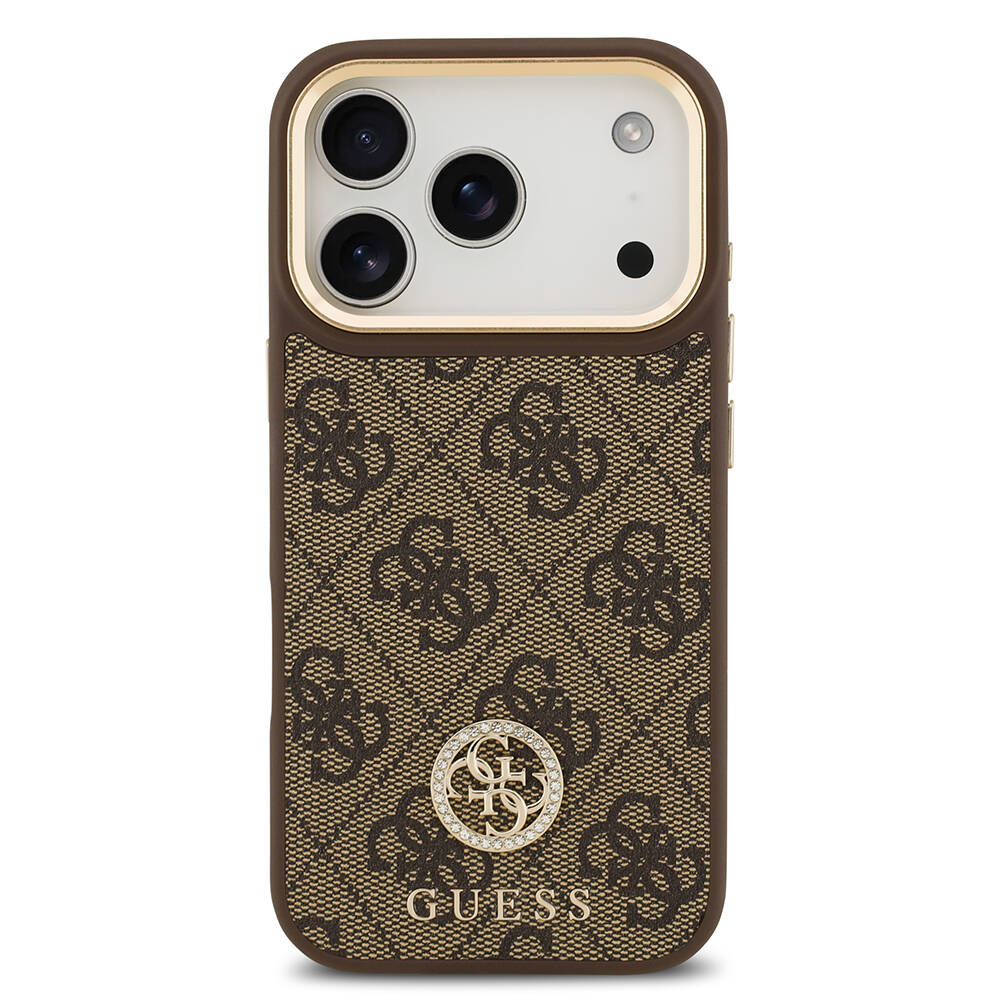 Apple iPhone 17 Pro Kılıf Guess Orjinal Lisanslı M-safe Şarj Özellikli Gold Metal Kamera Çerçeveli Taşlı 4G Logolu Kapak - 12