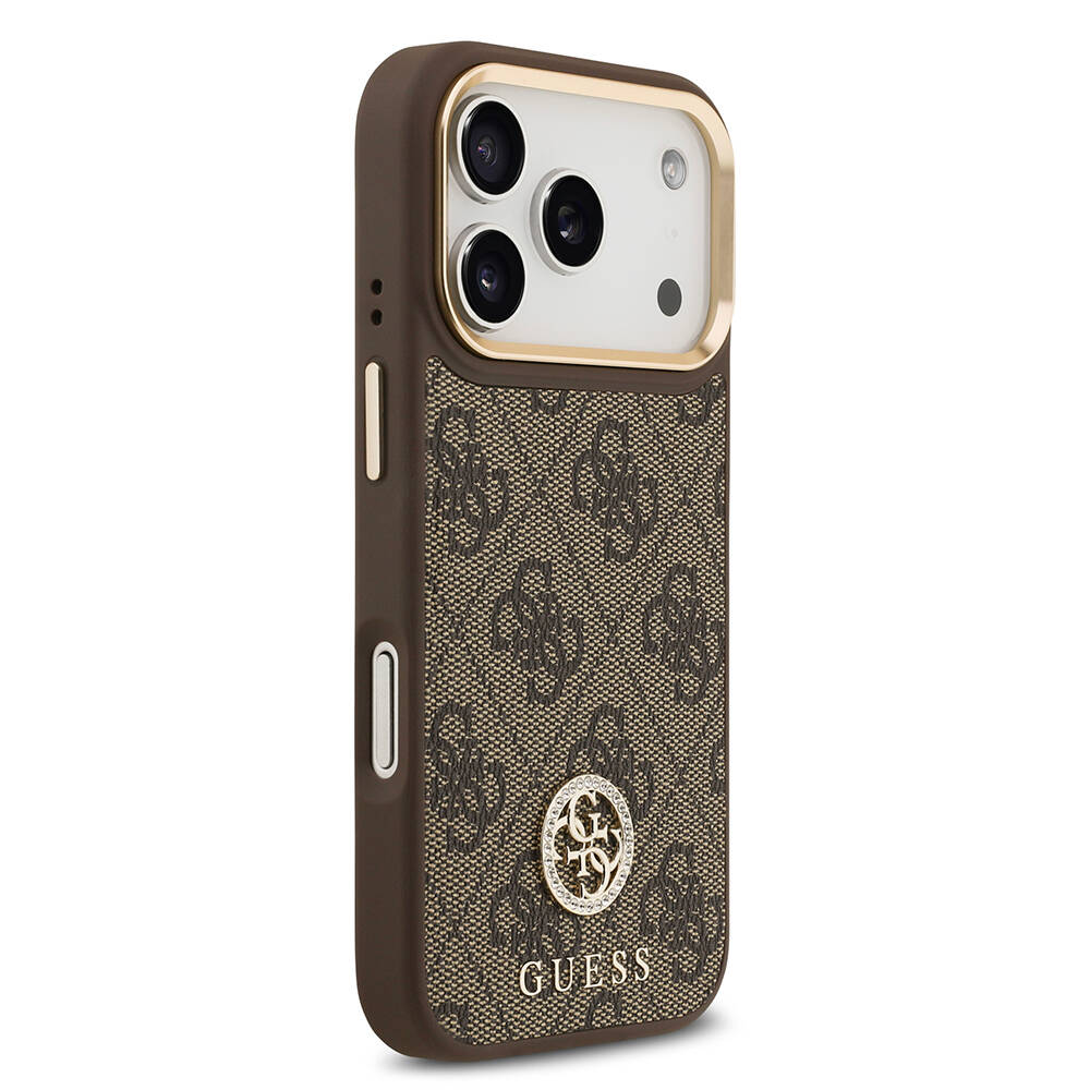 Apple iPhone 17 Pro Kılıf Guess Orjinal Lisanslı M-safe Şarj Özellikli Gold Metal Kamera Çerçeveli Taşlı 4G Logolu Kapak - 13