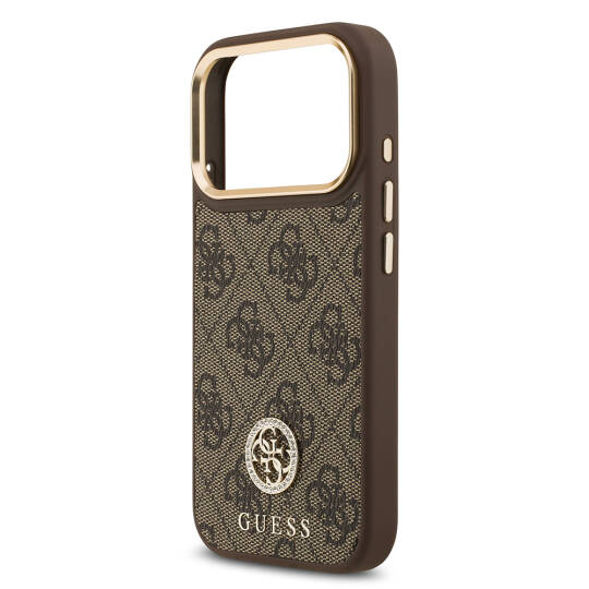 Apple iPhone 17 Pro Kılıf Guess Orjinal Lisanslı M-safe Şarj Özellikli Gold Metal Kamera Çerçeveli Taşlı 4G Logolu Kapak - 15