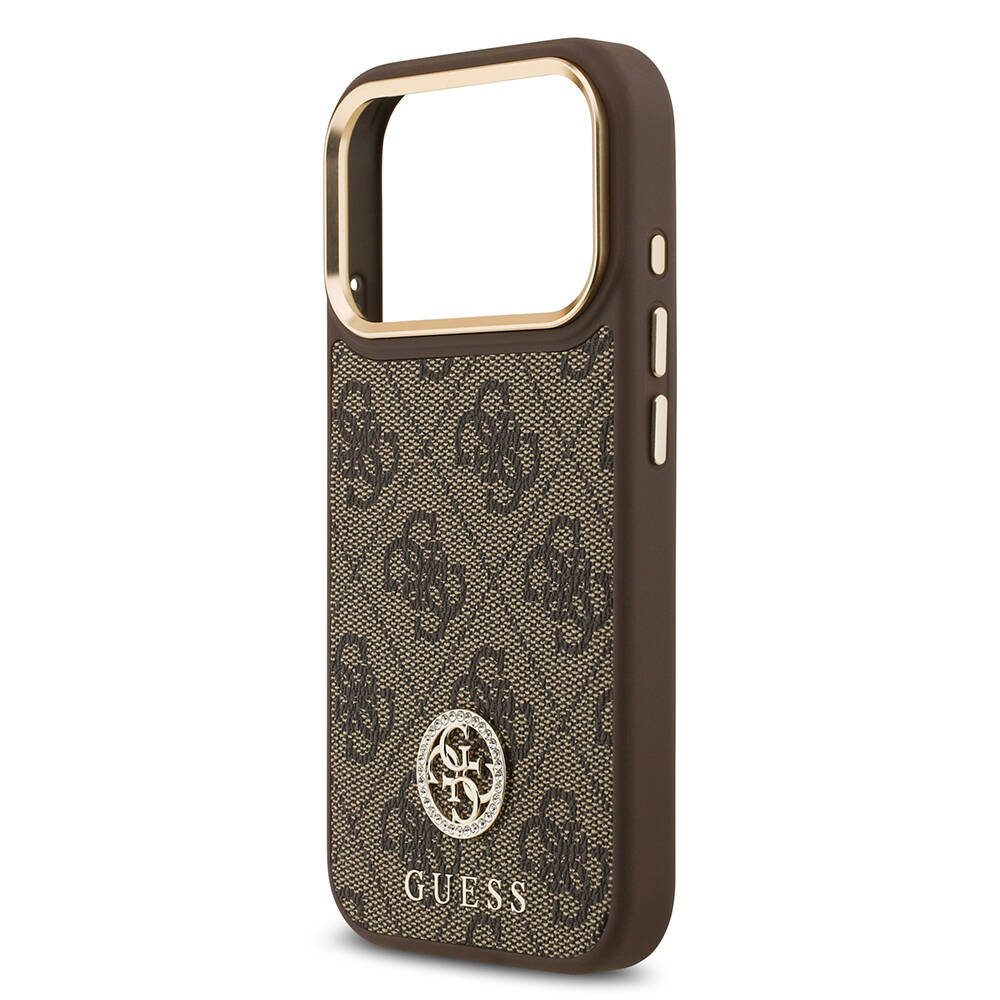 Apple iPhone 17 Pro Kılıf Guess Orjinal Lisanslı M-safe Şarj Özellikli Gold Metal Kamera Çerçeveli Taşlı 4G Logolu Kapak - 15